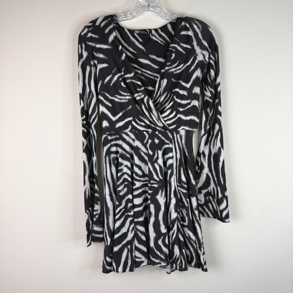 Zara Dress Womens XS Zebra Print Surplice V-Neck Long Sleeve Mini Fit & Flare - Picture 1 of 7